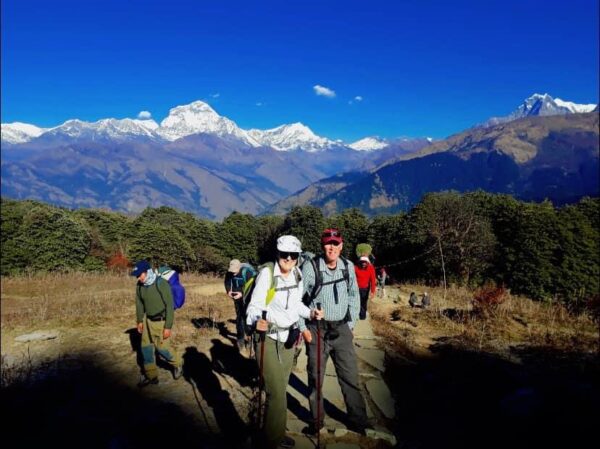 Panoramic views from Ghorepani Poon Hill trek, with Annapurna and Dhaulagiri ranges at sunrise